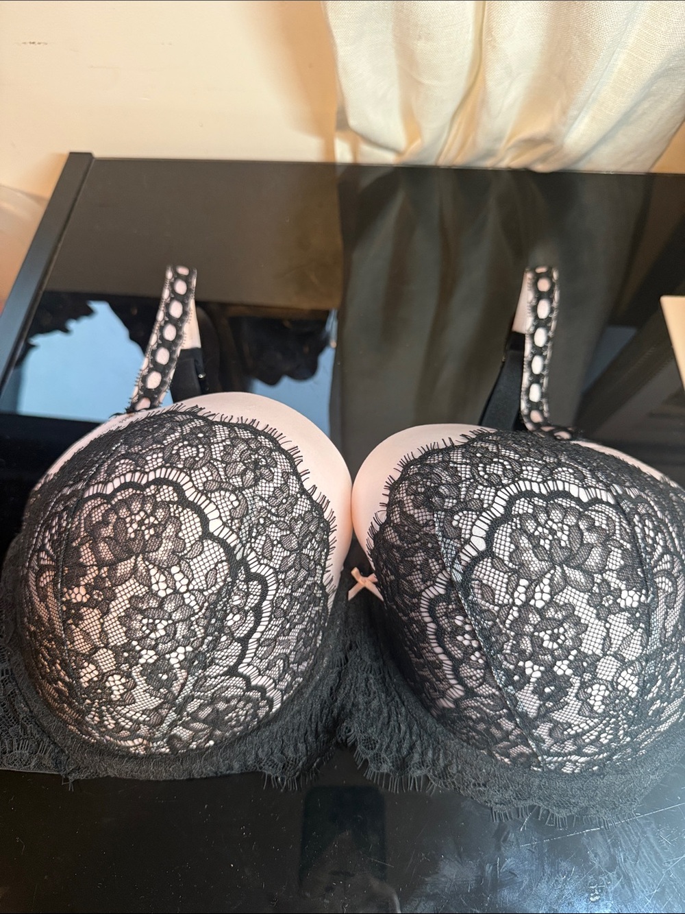 Victoria's Secret Pink Underlay Lace Push-Up Bra with Black Overlay